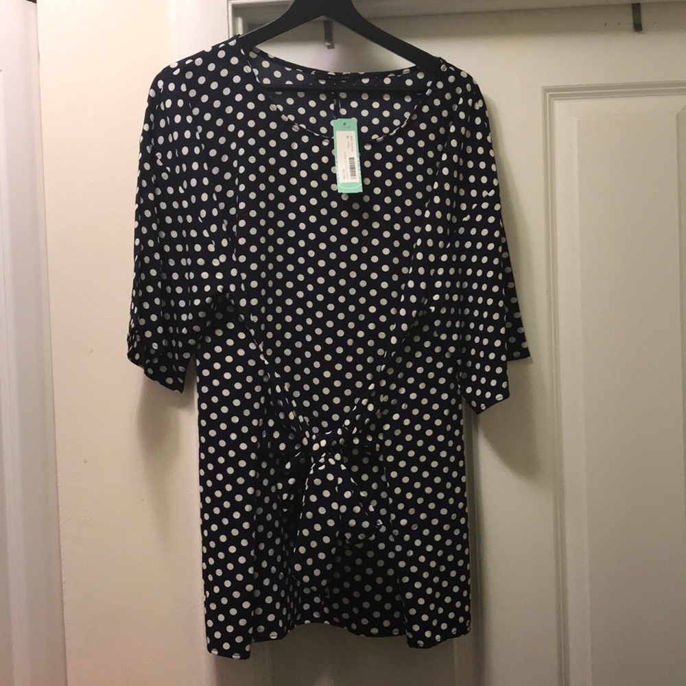 NWT Navy w/ white polka dots tie front blouse